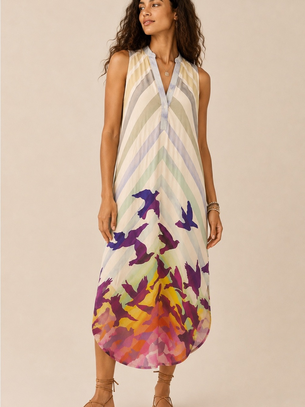 Mara Hoffman Sunset Flight Shirtdress Bird Print Viscose Maxi Dress Boho